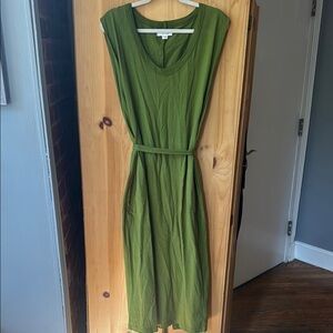 Anthropologie Green Cotton Sleeveless Maxi Dress, Pockets, Waist Tie M
